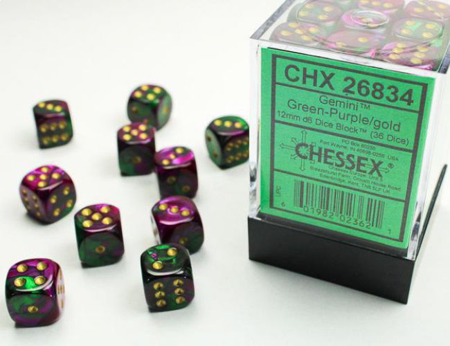 CHX DICE BLOCK 26834 - GEMINI GREEN-PURPLE/GOLD (36d6 12mm)