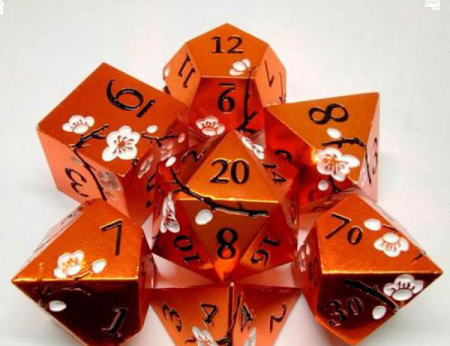 METAL DICE SET - ORANGE WITH WHITE PLUM BLOSSOMS (IN METAL BOX)