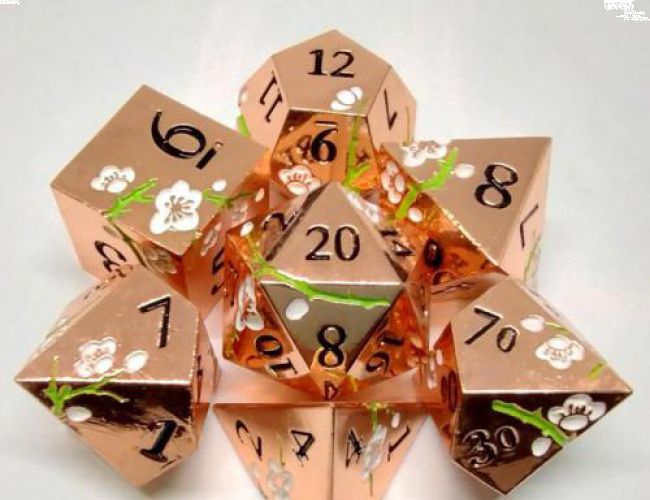 METAL DICE SET - ROSE GOLD WITH WHITE PLUM BLOSSOMS (IN METAL BOX)