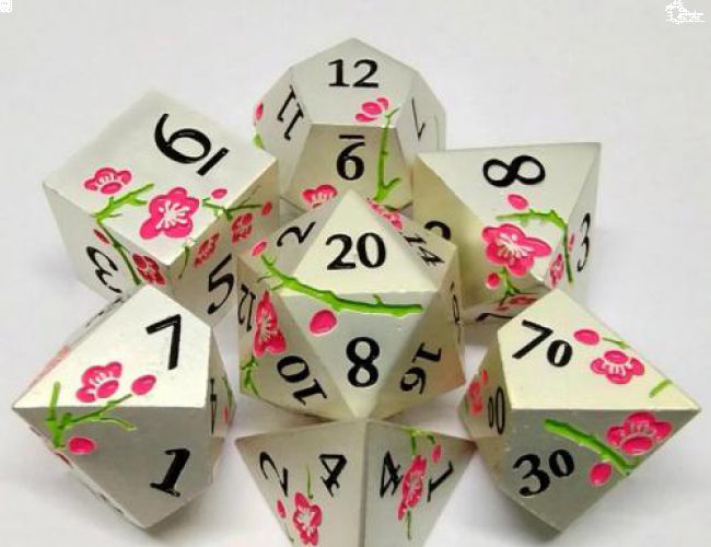 METAL DICE SET - SILVER WITH PINK PLUM BLOSSOMS (IN METAL BOX)
