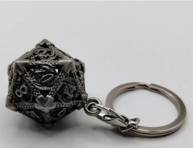 D20 KEYCHAIN - DRAGON RAMPAGE ANCIENT SILVER WITH 6mm DICE SET