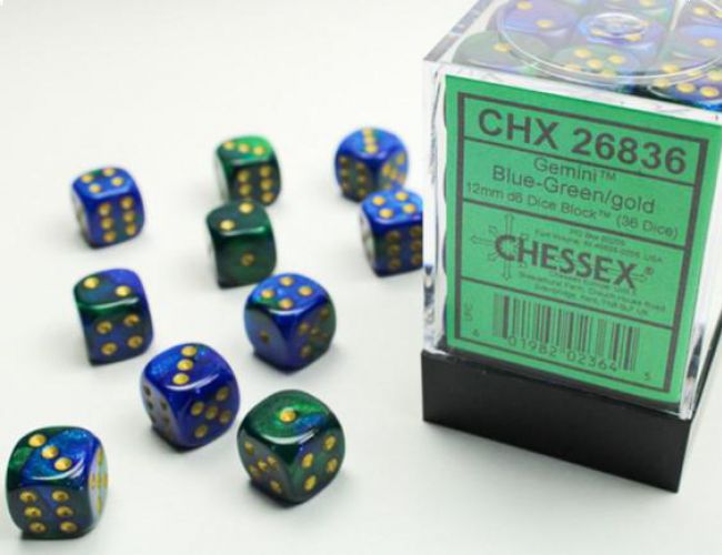CHX DICE BLOCK 26836 - GEMINI BLUE-GREEN/GOLD (36d6 12mm)